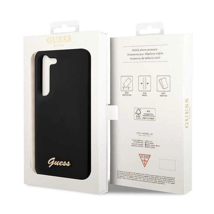Guess GUHCS23MSLSMK S23+ S916 juoda/juoda kietas korpusas Silikono derliaus aukso logotipas
