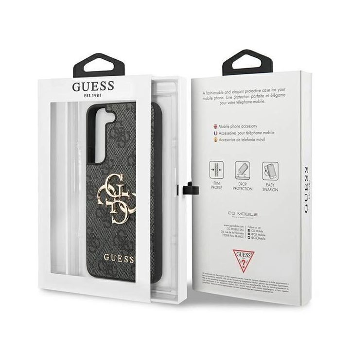Guess GUHCS23S4GMGGR S23 S911 pilkos/pilkos spalvos deklas 4G su dideliu metaliniu logotipu