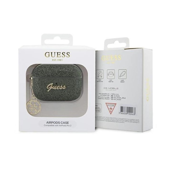 Guess GUAP2GLGSHA AirPods Pro 2 dangtelis žalias/kakinis Glitter Flake 4G Charm