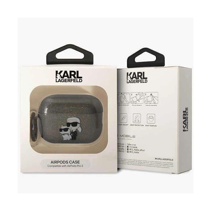 Karl Lagerfeld KLAP2HNKCTGK Airpods Pro 2 dangtelis juoda/juoda Gliter Karl&Choupette