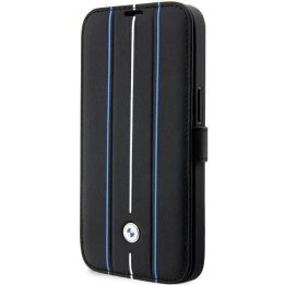 Dėklas BMW BMBKP14L22RVSK iPhone 14 Pro 6.1 juodos/juodos spalvos knygų dėklas Odinis antspaudas Blue Lines