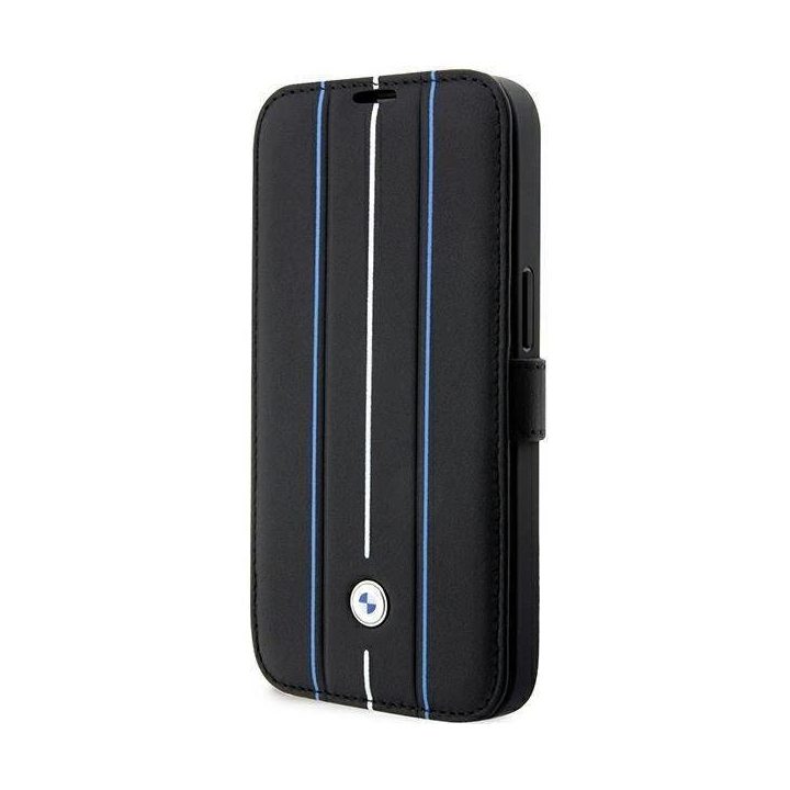 Dėklas BMW BMBKP14L22RVSK iPhone 14 Pro 6.1 juodos/juodos spalvos knygų dėklas Odinis antspaudas Blue Lines