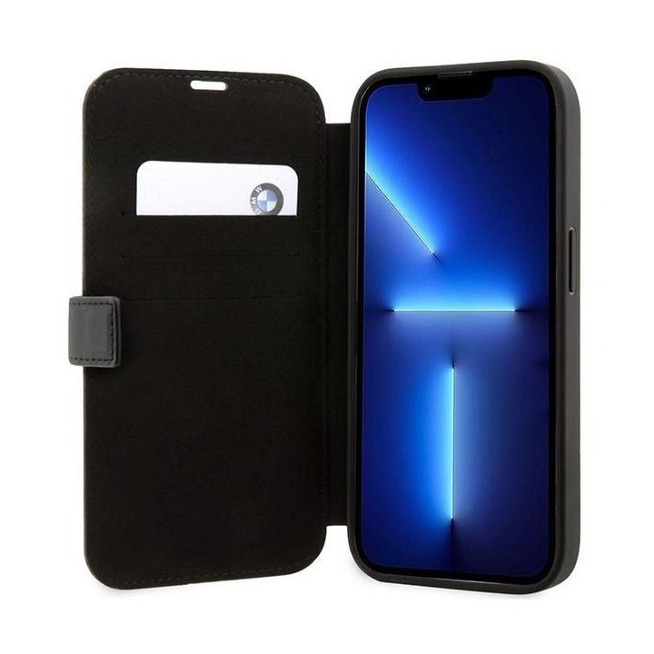Dėklas BMW BMBKP14L22RVSK iPhone 14 Pro 6.1 juodos/juodos spalvos knygų dėklas Odinis antspaudas Blue Lines