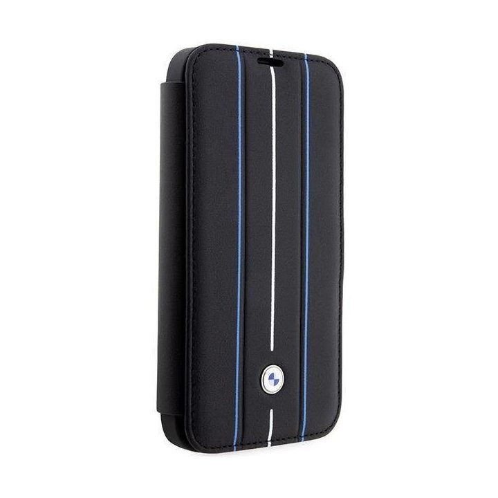 Dėklas BMW BMBKP14L22RVSK iPhone 14 Pro 6.1 juodos/juodos spalvos knygų dėklas Odinis antspaudas Blue Lines