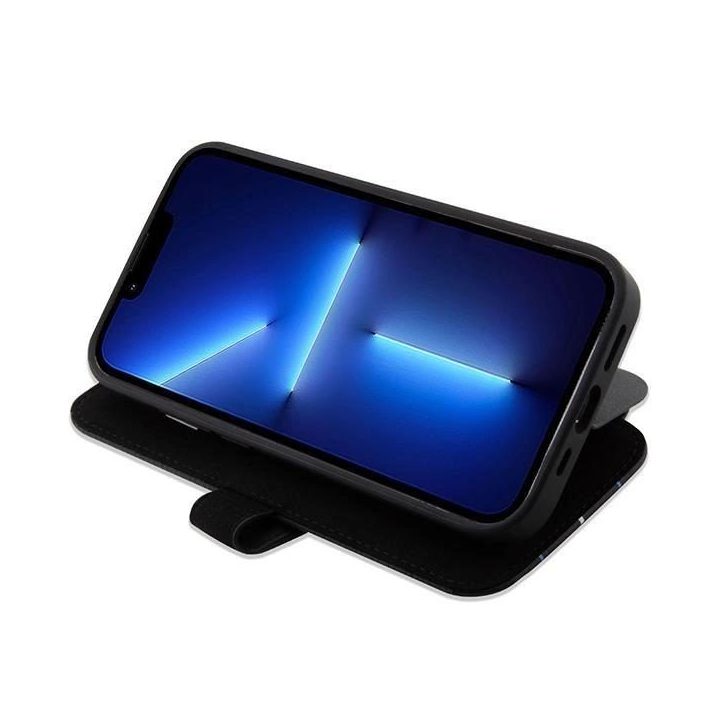 Dėklas BMW BMBKP14L22RVSK iPhone 14 Pro 6.1 juodos/juodos spalvos knygų dėklas Odinis antspaudas Blue Lines