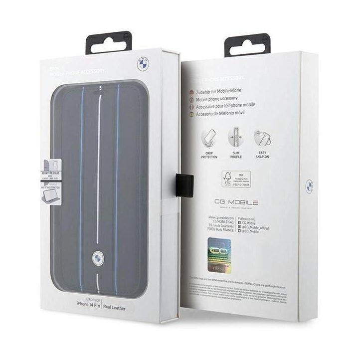 Dėklas BMW BMBKP14L22RVSK iPhone 14 Pro 6.1 juodos/juodos spalvos knygų dėklas Odinis antspaudas Blue Lines