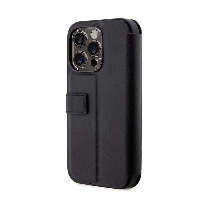 Dėklas BMW BMBKP14L22RVSK iPhone 14 Pro 6.1 juodos/juodos spalvos knygų dėklas Odinis antspaudas Blue Lines