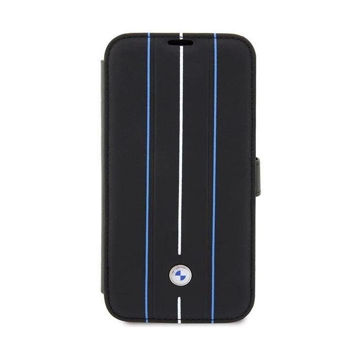 Dėklas BMW BMBKP14L22RVSK iPhone 14 Pro 6.1 juodos/juodos spalvos knygų dėklas Odinis antspaudas Blue Lines