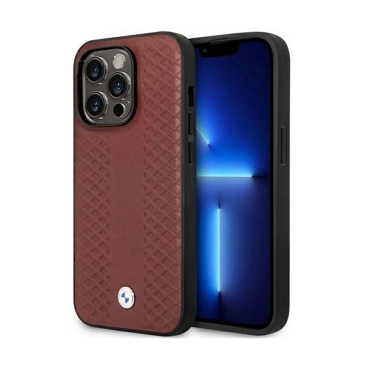 Dėklas BMW BMHCP14L22RFGR iPhone 14 Pro 6.1 bordo/burundy odinis deimantinio rašto