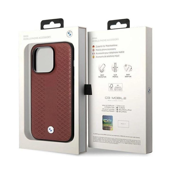 Dėklas BMW BMHCP14L22RFGR iPhone 14 Pro 6.1 bordo/burundy odinis deimantinio rašto