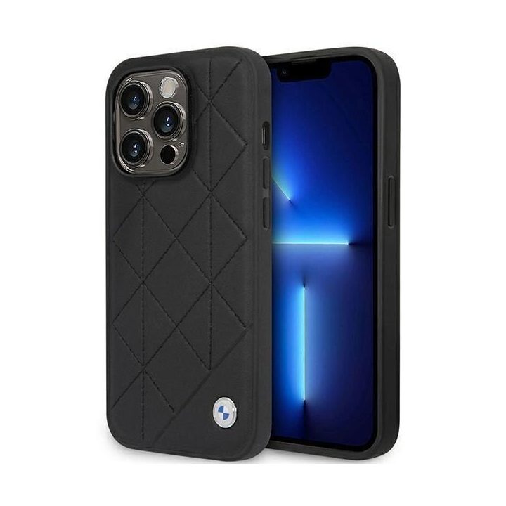 Dėklas BMW BMHCP14L22RQDK iPhone 14 Pro 6.1 juodai juodas odinis dygsniuotas