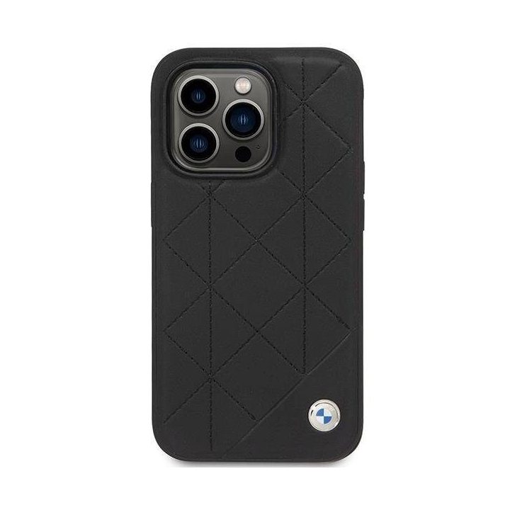 Dėklas BMW BMHCP14L22RQDK iPhone 14 Pro 6.1 juodai juodas odinis dygsniuotas