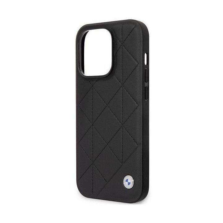 Dėklas BMW BMHCP14L22RQDK iPhone 14 Pro 6.1 juodai juodas odinis dygsniuotas