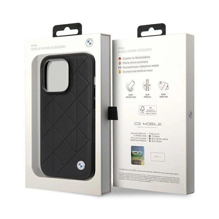 Dėklas BMW BMHCP14L22RQDK iPhone 14 Pro 6.1 juodai juodas odinis dygsniuotas