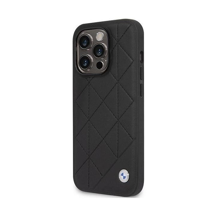 Dėklas BMW BMHCP14L22RQDK iPhone 14 Pro 6.1 juodai juodas odinis dygsniuotas