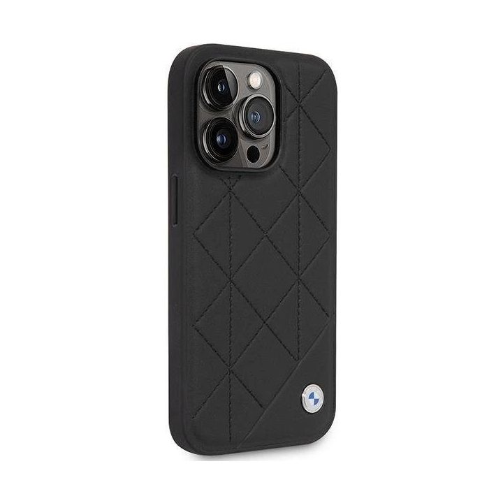 Dėklas BMW BMHCP14L22RQDK iPhone 14 Pro 6.1 juodai juodas odinis dygsniuotas