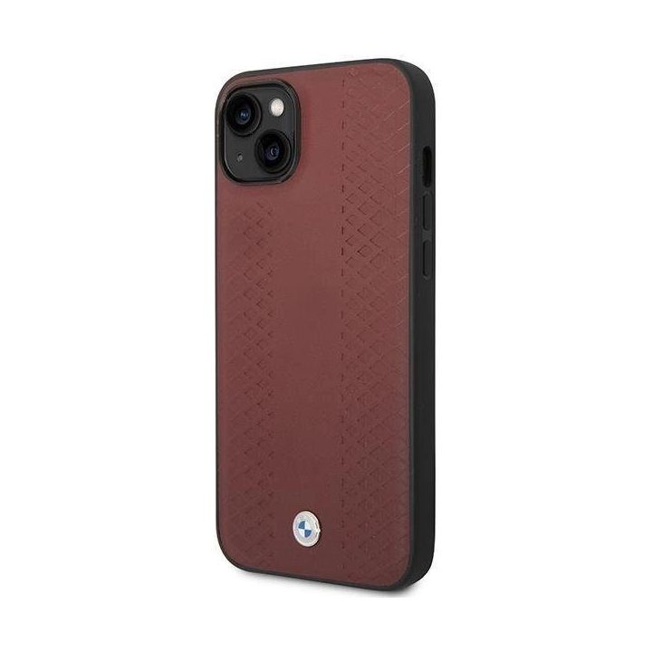 Dėklas BMW BMHCP14S22RFGR iPhone 14 6.1 bordo/burundukas Odinis deimantinio rašto dėklas
