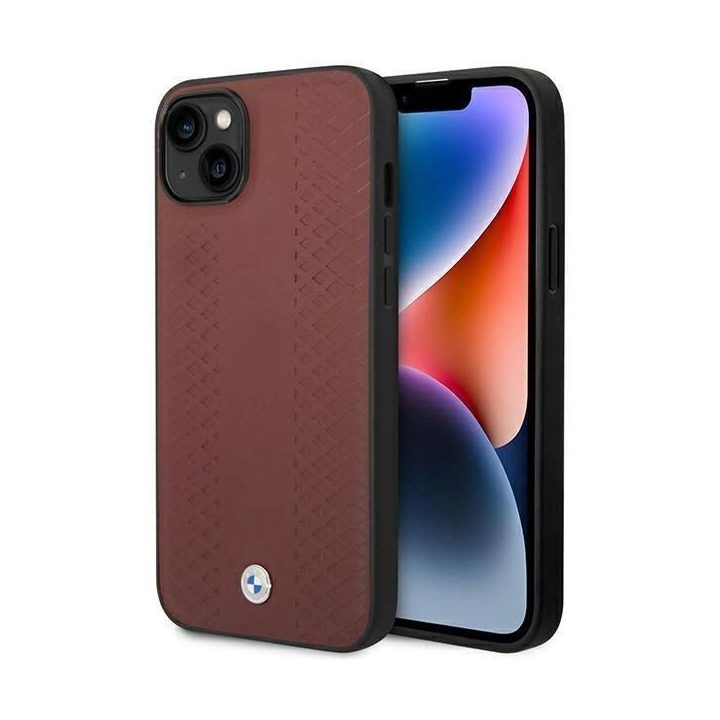 Dėklas BMW BMHCP14S22RFGR iPhone 14 6.1 bordo/burundukas Odinis deimantinio rašto dėklas