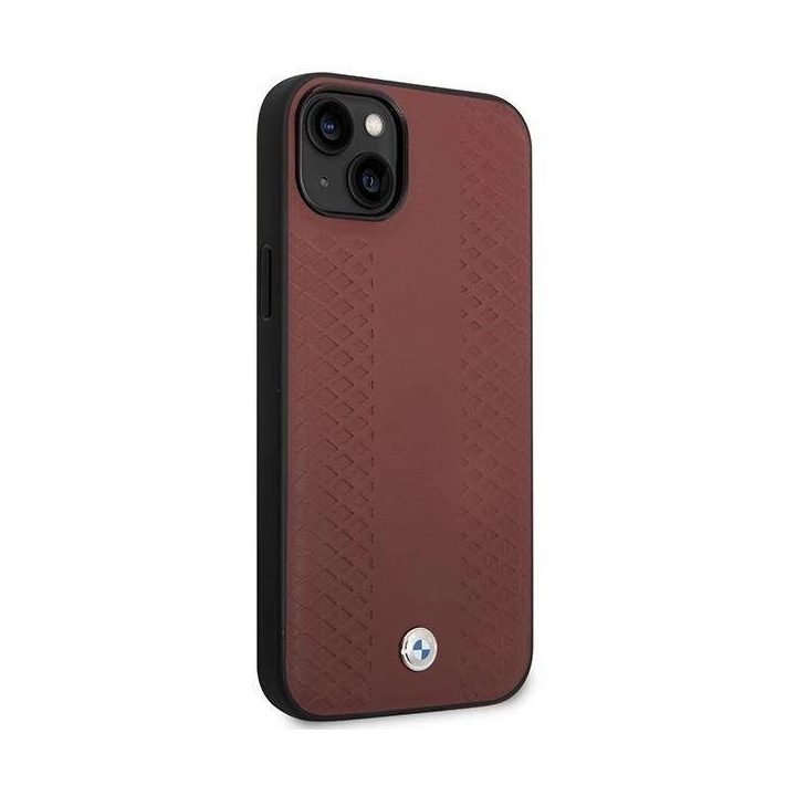 Dėklas BMW BMHCP14S22RFGR iPhone 14 6.1 bordo/burundukas Odinis deimantinio rašto dėklas