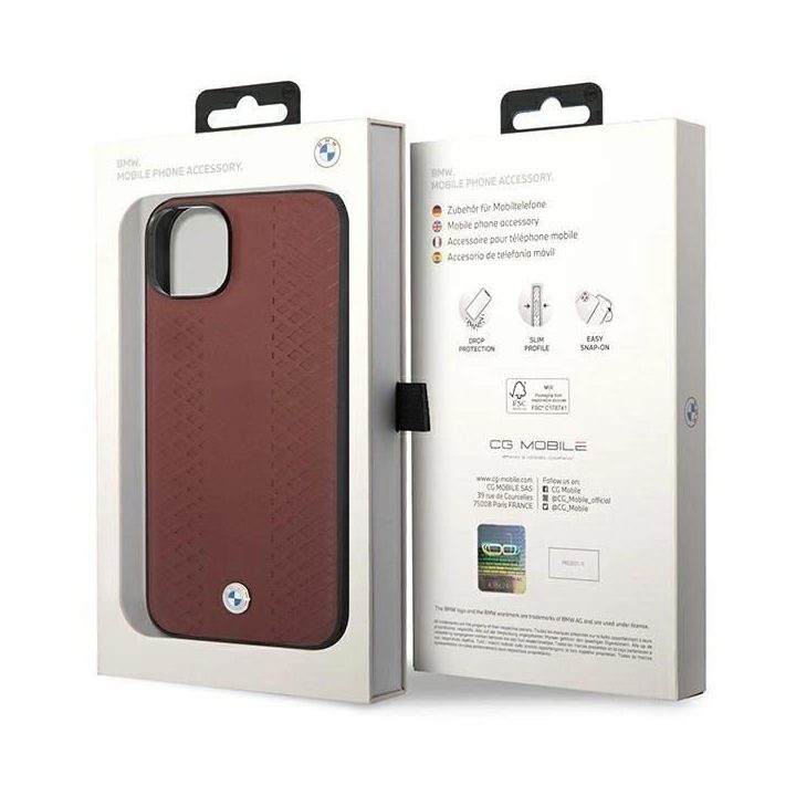 Dėklas BMW BMHCP14S22RFGR iPhone 14 6.1 bordo/burundukas Odinis deimantinio rašto dėklas