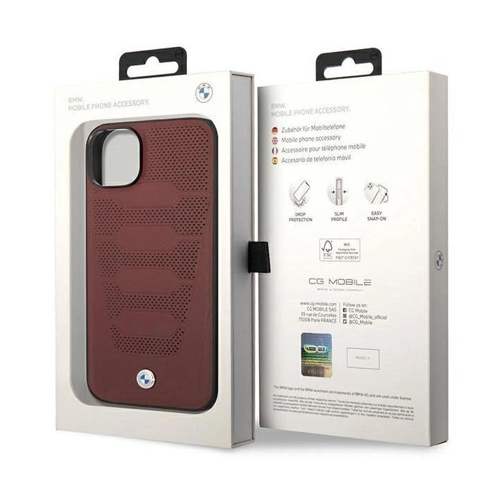 Dėklas BMW BMHCP14S22RPSR iPhone 14 6.1 bordo/burundy Odinių sėdynių raštas