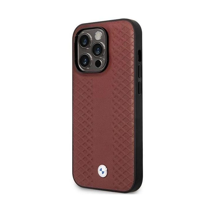 Dėklas BMW BMHCP14X22RFGR iPhone 14 Pro Max 6,7 bordo/burundy odinis su deimantiniu raštu