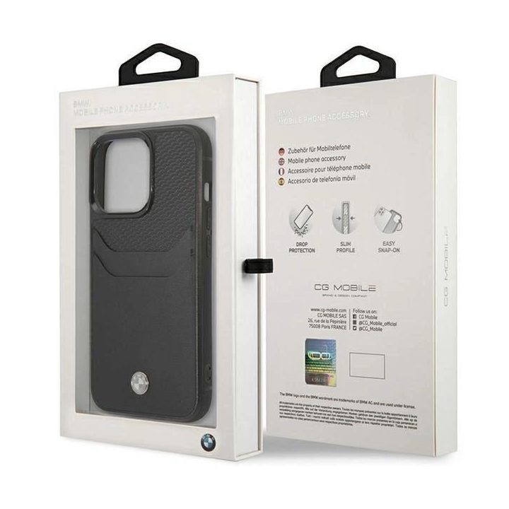 Dėklas BMW BMHCP14X22RSEPK iPhone 14 Pro Max 6.7 , juodas/juodas, odinis, su kortelių lizdu