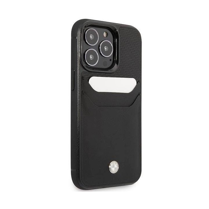 Dėklas BMW BMHCP14X22RSEPK iPhone 14 Pro Max 6.7 , juodas/juodas, odinis, su kortelių lizdu