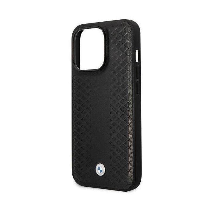 Dėklas BMW BMHMP14L22RFGK iPhone 14 Pro 6.1 juodos/juodos spalvos, odinis, deimantinio rašto, MagSafe