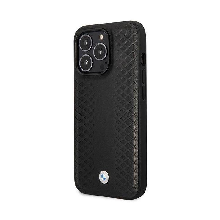 Dėklas BMW BMHMP14L22RFGK iPhone 14 Pro 6.1 juodos/juodos spalvos, odinis, deimantinio rašto, MagSafe