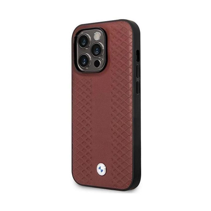 Dėklas BMW BMHMP14L22RFGR iPhone 14 Pro 6.1 bordo/burundy odinis Diamond Pattern MagSafe dėklas