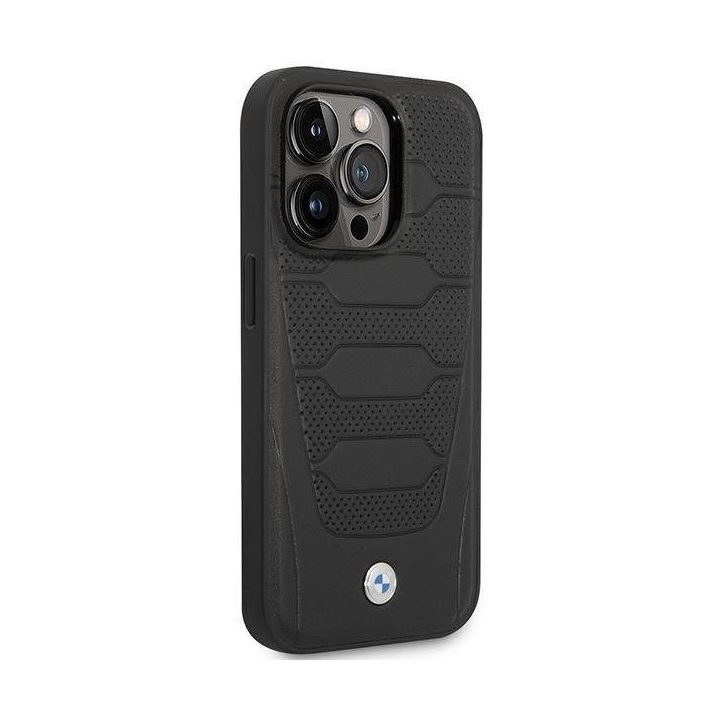 Dėklas BMW BMHMP14L22RPSK iPhone 14 Pro 6.1 juodas/juodas Odinių sėdynių raštas MagSafe