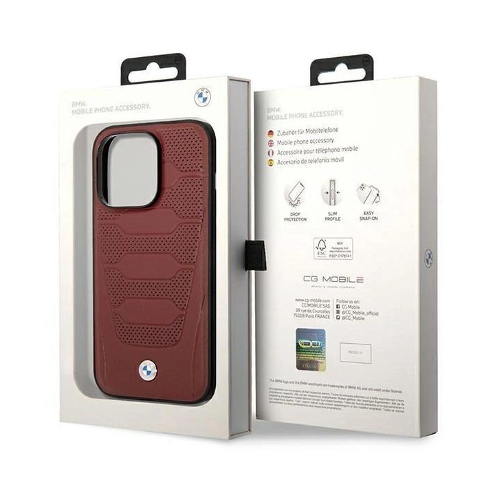 Dėklas BMW BMHMP14L22RPSR iPhone 14 Pro 6.1 Burgundy/burundy Odinių sėdynių raštas MagSafe