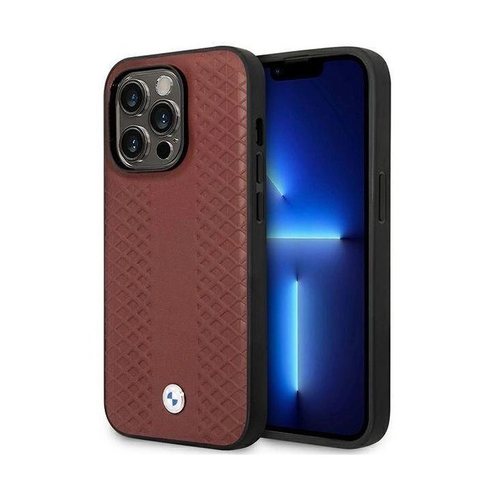 Dėklas BMW BMHMP14X22RFGR iPhone 14 Pro Max 6.7 bordo/burundy odinis Diamond Pattern MagSafe dėklas