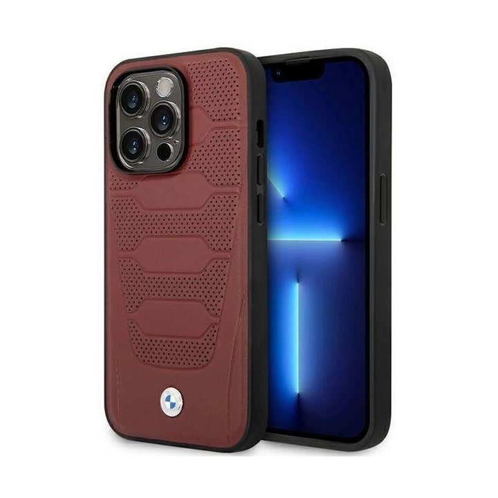 Dėklas BMW BMHMP14X22RPSR iPhone 14 Pro Max 6.7 bordo/burundy odinių sėdynių raštas MagSafe