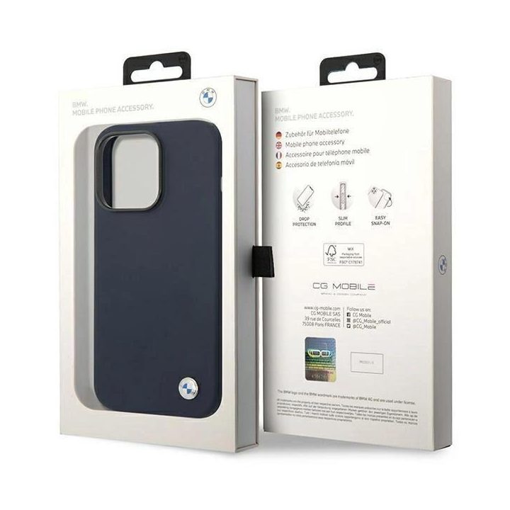 Dėklas BMW BMHMP14XSILNA iPhone 14 Pro Max 6.7 tamsiai mėlyna/navy Silikoninis metalinis logotipas MagSafe