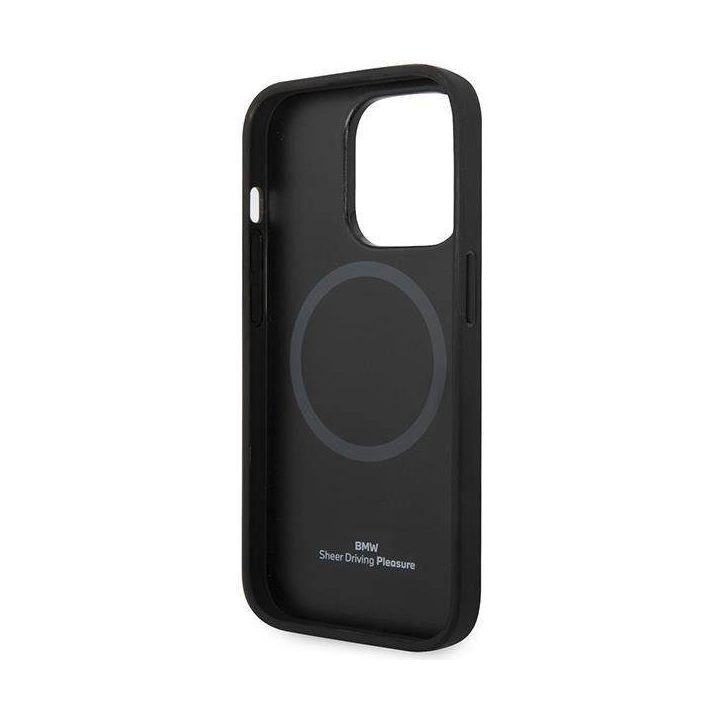 Dėklas BMW BMHMP14XSLLNA iPhone 14 Pro Max 6.7 tamsiai mėlynos/juodos spalvos deklas Odinis Hot Stamp MagSafe