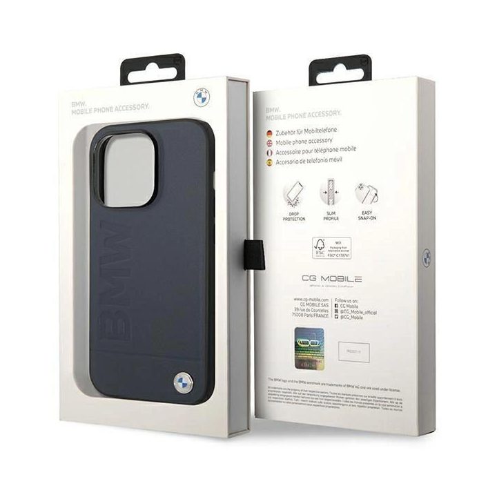 Dėklas BMW BMHMP14XSLLNA iPhone 14 Pro Max 6.7 tamsiai mėlynos/juodos spalvos deklas Odinis Hot Stamp MagSafe