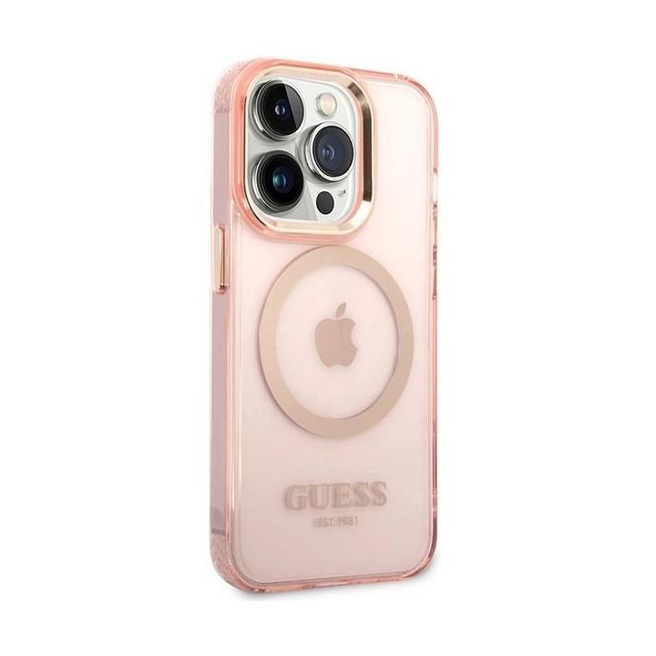 Guess GUHMP14XHTCMP iPhone 14 Pro Max 6,7 rausvas/rožinis deklas Gold Outline Translucent MagSafe