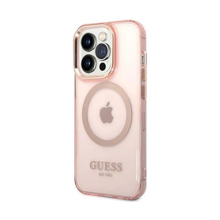 Guess GUHMP14XHTCMP iPhone 14 Pro Max 6,7 rausvas/rožinis deklas Gold Outline Translucent MagSafe