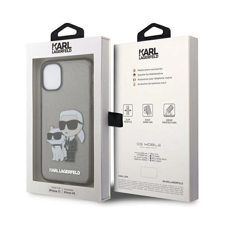Karl Lagerfeld KLHCN61HNKCTGK iPhone 11 / Xr 6.1 juodas/juodas deklas Gliter Karl&Choupette