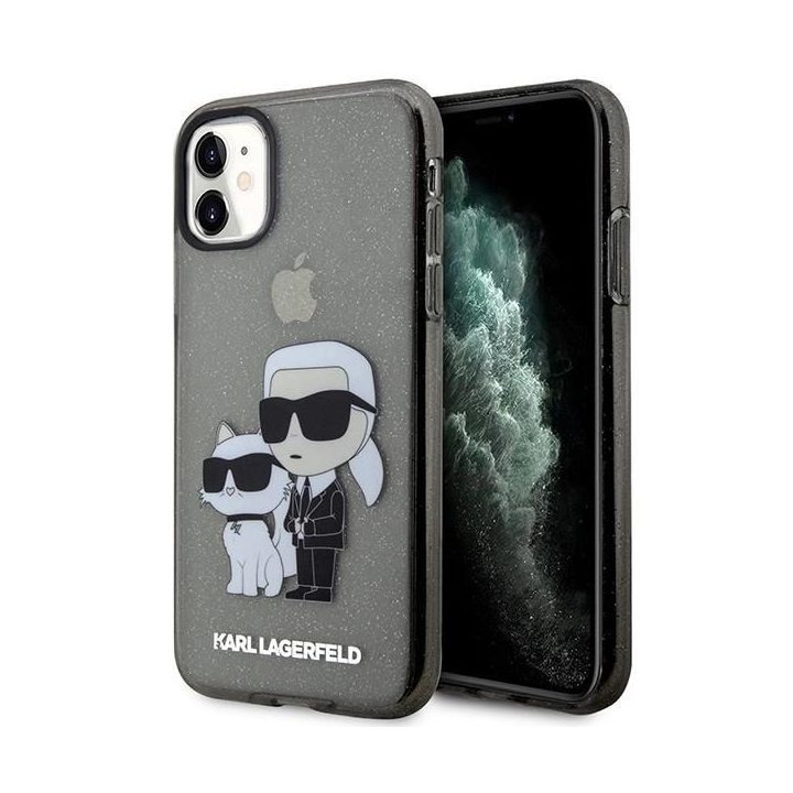 Karl Lagerfeld KLHCN61HNKCTGK iPhone 11 / Xr 6.1 juodas/juodas deklas Gliter Karl&Choupette