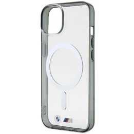 BMW BMHMP14SHCRS iPhone 14 6.1 korpusas, skaidrus deklas, sidabrinis žiedas, MagSafe