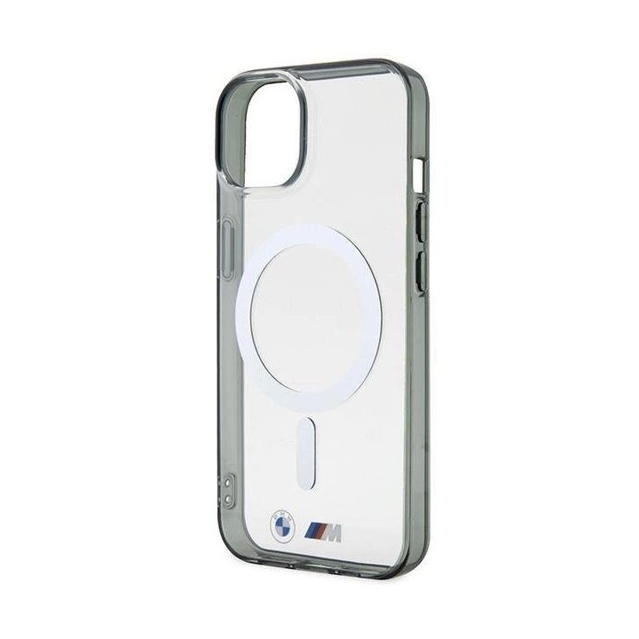 BMW BMHMP14SHCRS iPhone 14 6.1 korpusas, skaidrus deklas, sidabrinis žiedas, MagSafe