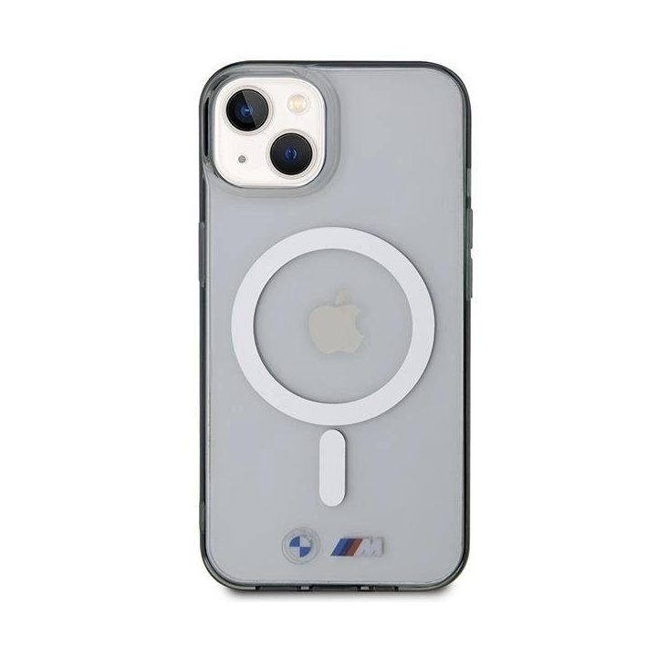 BMW BMHMP14SHCRS iPhone 14 6.1 korpusas, skaidrus deklas, sidabrinis žiedas, MagSafe