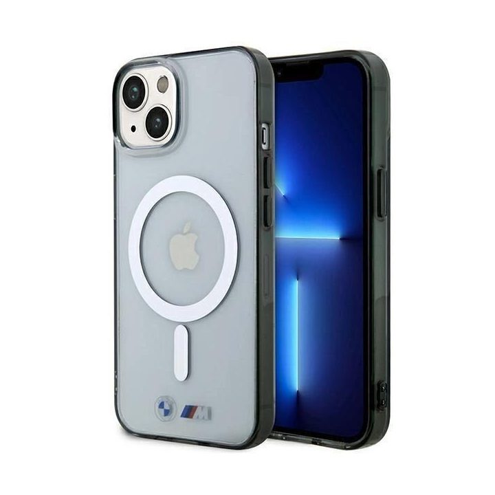 BMW BMHMP14SHCRS iPhone 14 6.1 korpusas, skaidrus deklas, sidabrinis žiedas, MagSafe
