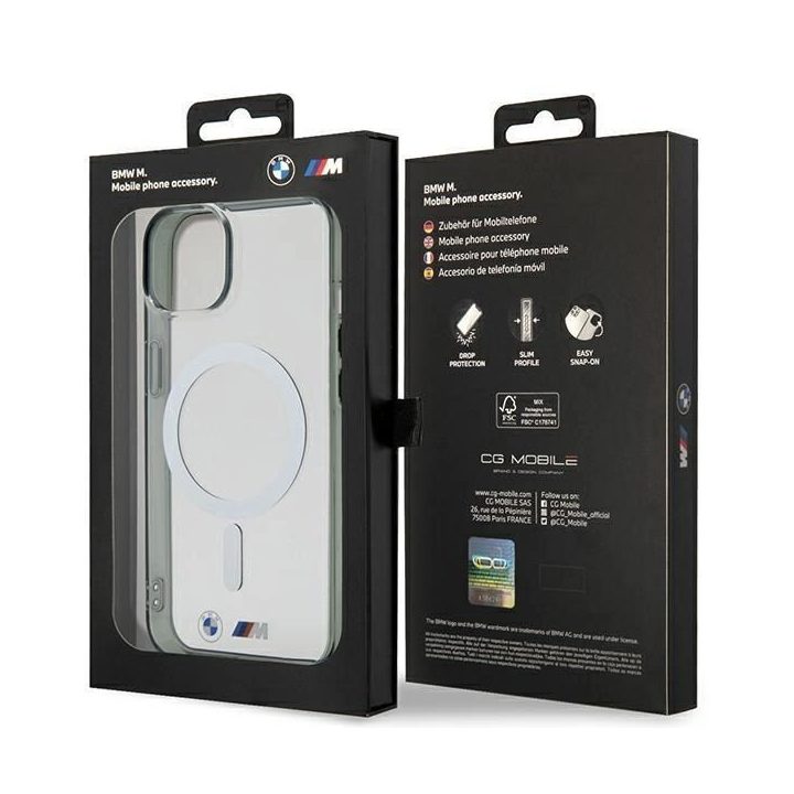 BMW BMHMP14SHCRS iPhone 14 6.1 korpusas, skaidrus deklas, sidabrinis žiedas, MagSafe