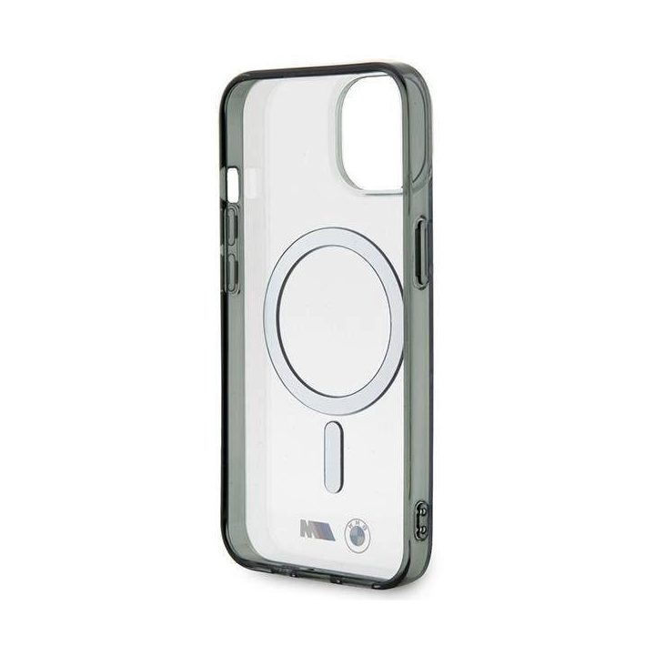 BMW BMHMP14SHCRS iPhone 14 6.1 korpusas, skaidrus deklas, sidabrinis žiedas, MagSafe