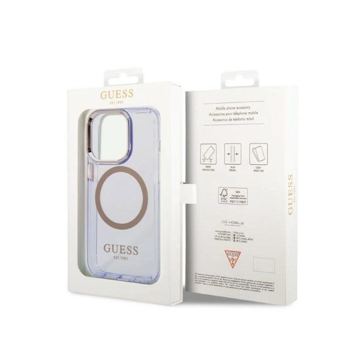 Guess GUHMP14LHTCMU iPhone 14 Pro 6.1 violetinės/violetinės spalvos deklas Gold Outline Translucent MagSafe