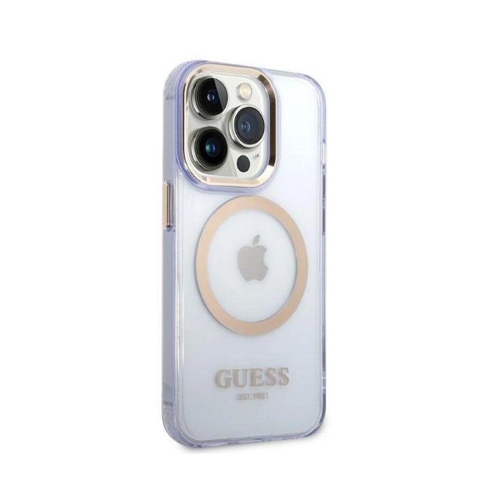 Guess GUHMP14LHTCMU iPhone 14 Pro 6.1 violetinės/violetinės spalvos deklas Gold Outline Translucent MagSafe